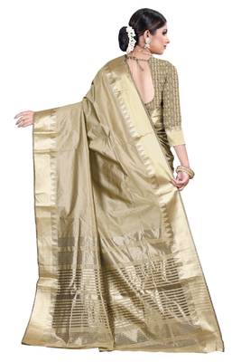 Beige woven silk blend saree with blouse 3