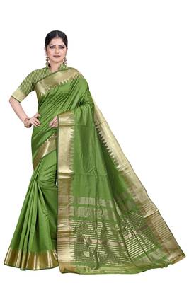 Green woven silk blend saree with blouse 1