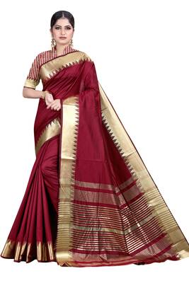 Maroon woven silk blend saree with blouse 1