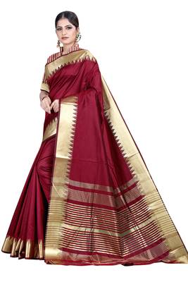 Maroon woven silk blend saree with blouse 2