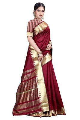 Maroon woven silk blend saree with blouse 3