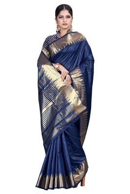 Dark blue woven silk blend saree with blouse 1