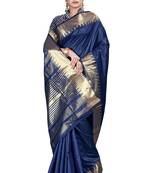 Dark blue woven silk blend saree with blouse