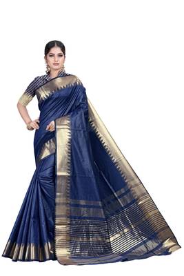 Dark blue woven silk blend saree with blouse 2