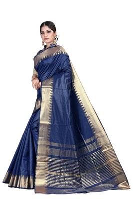 Dark blue woven silk blend saree with blouse 3