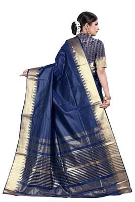 Dark blue woven silk blend saree with blouse 4