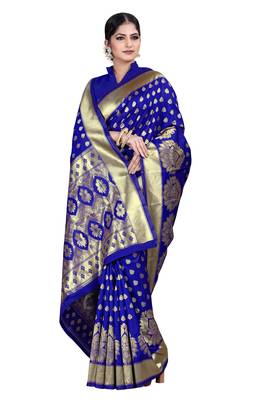 Blue woven silk blend saree with blouse 2