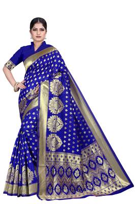 Blue woven silk blend saree with blouse 1