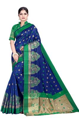Blue woven silk blend saree with blouse 1