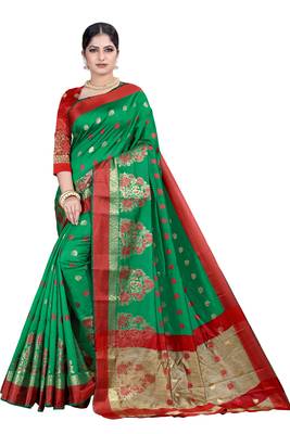 Green woven silk blend saree with blouse 1