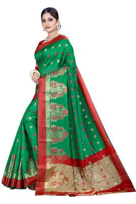 Green woven silk blend saree with blouse 2