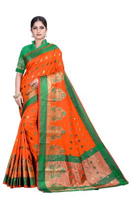 Orange woven silk blend saree with blouse 1