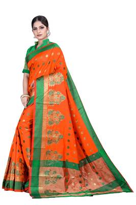 Orange woven silk blend saree with blouse 2