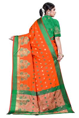 Orange woven silk blend saree with blouse 3