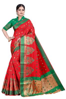 Red woven silk blend saree with blouse 1