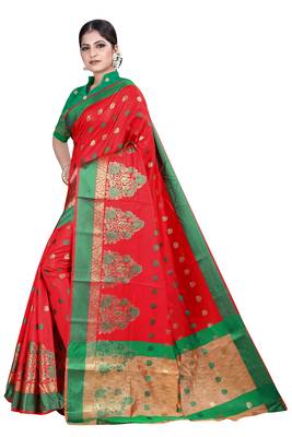 Red woven silk blend saree with blouse 2
