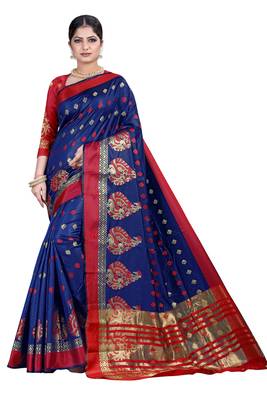 Dark blue woven silk blend saree with blouse 1