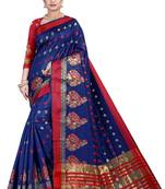 Dark blue woven silk blend saree with blouse