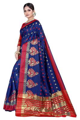 Dark blue woven silk blend saree with blouse 2
