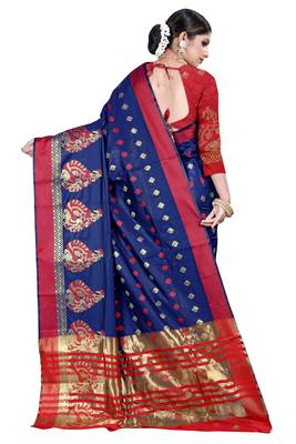 Dark blue woven silk blend saree with blouse 3