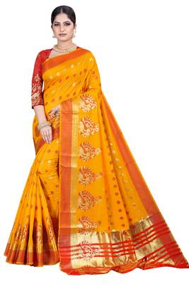 Yellow woven silk blend saree with blouse 1