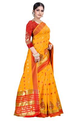 Yellow woven silk blend saree with blouse 3