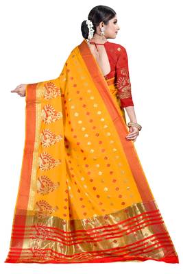 Yellow woven silk blend saree with blouse 4