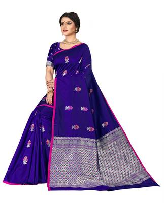 Blue woven silk blend saree with blouse 1
