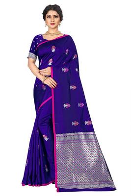 Blue woven silk blend saree with blouse 2