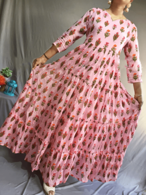 Pink Colored Full Flared Floor Length Dress With Gotta Patti Lace 1