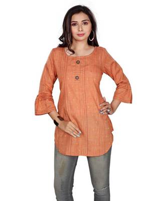 Women Self Design, Woven Design Pure Cotton A-line Kurta (Orange) 1