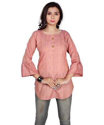Women Self Design, Woven Design Pure Cotton Straight Kurta (Pink) 1