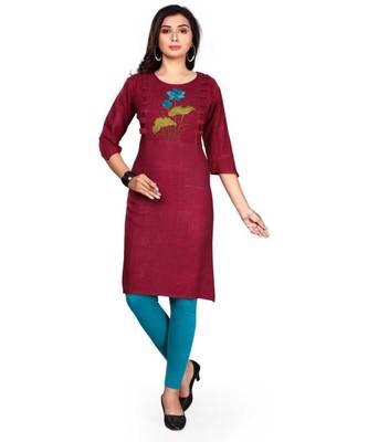 Women Embroidered Rayon Straight Kurta (Pink) 1