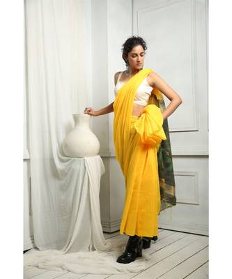 Yellow And Pista Green Blended Silk Saree With Blouse 1