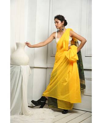 Yellow And Pista Green Blended Silk Saree With Blouse 2