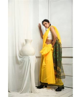 Yellow And Pista Green Blended Silk Saree With Blouse 3
