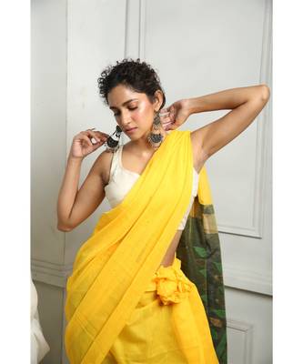 Yellow And Pista Green Blended Silk Saree With Blouse 4