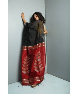 Black And Red Pallu Blended Silk Saree With Blouse 1