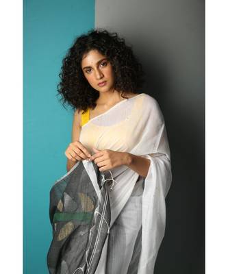 White And Black Blended Silk Saree With Blouse 1