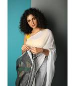 White And Black Blended Silk Saree With Blouse