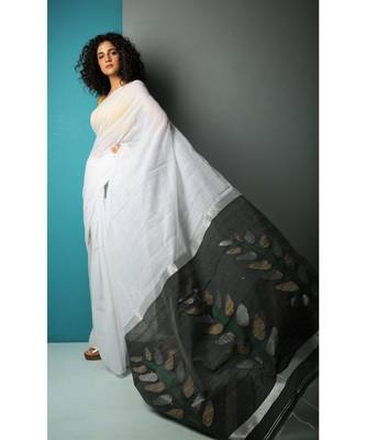 White And Black Blended Silk Saree With Blouse 2