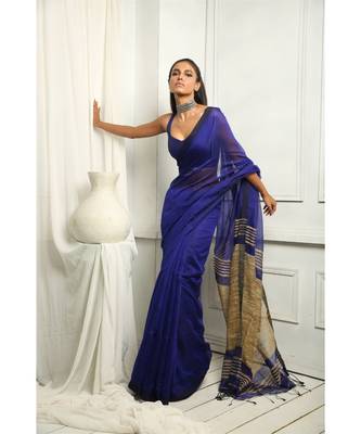 Blue Makhline Blended Silk Saree With Blouse 2