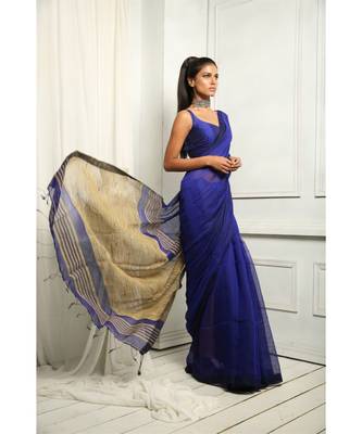 Blue Makhline Blended Silk Saree With Blouse 3