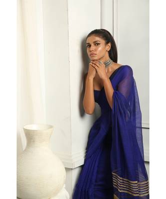 Blue Makhline Blended Silk Saree With Blouse 4
