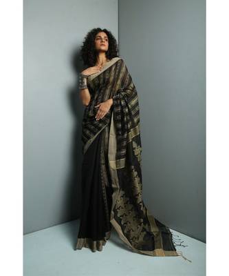 Black  Woven Blended Cotton Saree with Blouse 1