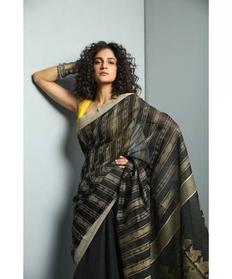 Black  Woven Blended Cotton Saree with Blouse 2