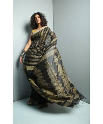 Black  Woven Blended Cotton Saree with Blouse 3