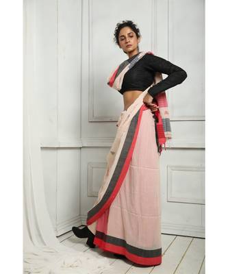 Off White Pure Cotton Saree With Blouse 2