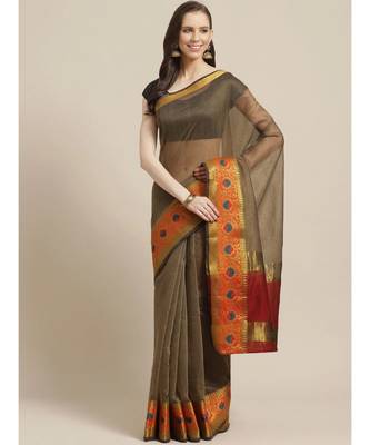 Shaily Women's Brown  Cotton Blend Woven Zari Saree 1