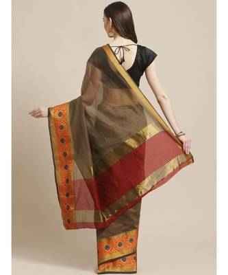 Shaily Women's Brown  Cotton Blend Woven Zari Saree 2